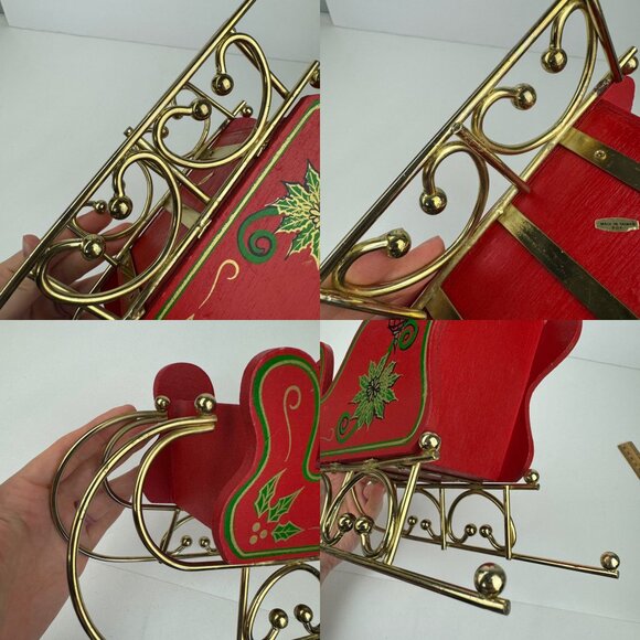 Vtg Christmas Holiday Santa Sleigh Sled Wood Metal Gold Legs Skis Red Green READ - Picture 7 of 11